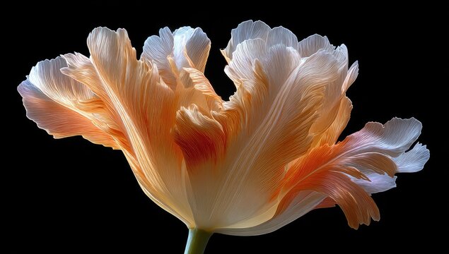 Peach and white parrot tulip, dramatically lit against a black background