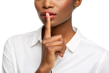 Professional woman with red lipstick making silence gesture with manicured finger, isolated on a transparent background