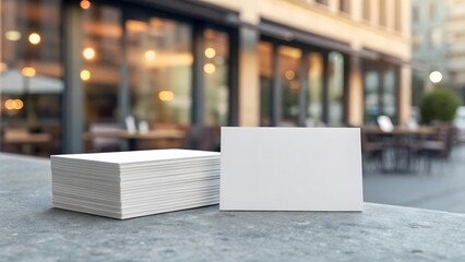 Clean white business cards stacked mockup on textured surface outdoors