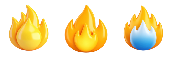 Three Dimensional Plastic Style Fire Flame Icons Displaying Varying Colors of Yellow Orange and Blue Elements With Transparent Background