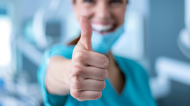 A smiling healthcare worker shows approval with a thumbs up gesture in a well-equipped dental facility