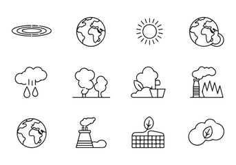 Simple line art icons representing environmental concepts and nature ecology earth