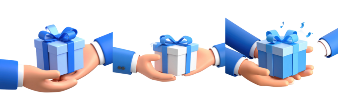 Hands In Blue Sleeves Passing A Blue Gift Box With Animated Ribbon On Transparent Background