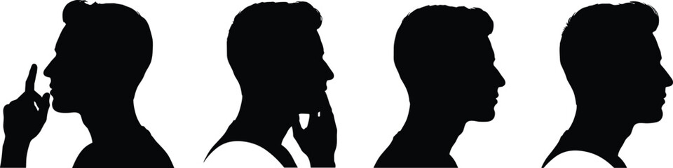 Silhouette, profile view, gestures, body language, pointing, thinking, face, head, expression, human figure, pose, communication, action, concept, idea, attitude, sign,