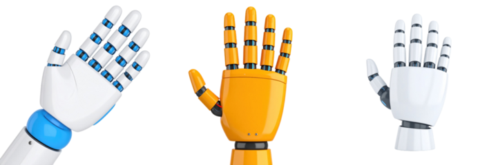 3D Plastic Style Isolated Robot Hands Of Diverse Colors on Transparent Background Depicting Digital Technology and Futuristic Automation