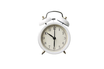 White vintage alarm clock showing ten o'clock with twin bells and metal winding keys, isolated on a transparent background