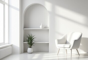 Sunlit minimalist room featuring a white armchair, arched alcove with shelves, a potted plant, and bright window light