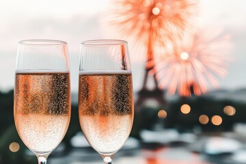 Sparkling Champagne Glasses with Fireworks Over Eiffel Tower Scene