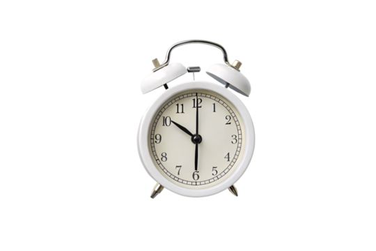 White vintage alarm clock showing ten o'clock with twin bells and metal winding keys, isolated on a transparent background