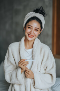 Smiling happy Asian woman holding a positive or negative pregnancy test in her bathroom wearing bath robe and towel. Family planning and fertility and infertility concept.