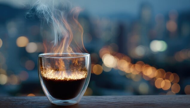 Flaming coffee in a double-walled glass against a city bokeh