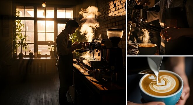 A skilled barista expertly crafts aromatic coffee in a warm, inviting cafe, showcasing the art and precision of the brewing process and the creation of beautiful latte designs.