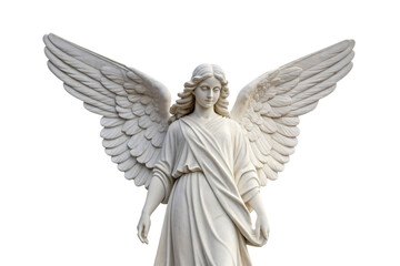 Obraz premium White marble angel statue with detailed feathered wings spread wide in protective guardian stance, isolated on a transparent background