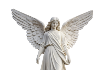 White marble angel statue with detailed feathered wings spread wide in protective guardian stance, isolated on a transparent background