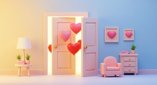 A pastel interior scene shows a bright open doorway with floating heart balloons. A chair, side table with lamp, and wall decor are present