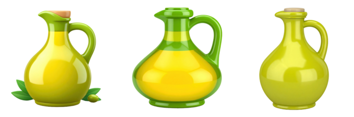 3D Plastic Style Olive Oil Cruet Trio Against Transparent Background Featuring Green and Yellow Hues with Leaf and Cork Details