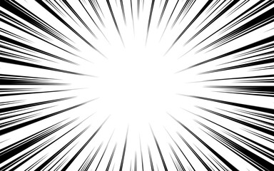 Fototapeta premium Manga comic background with speed action effect. Vector radial line frame cartoon pattern anime explosion, black line comic book action.