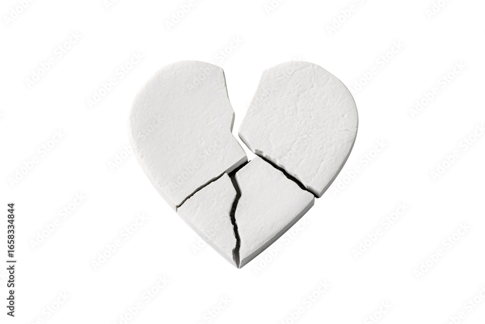 Poster white broken heart split into four pieces with natural crack lines and three-dimensional form, isola