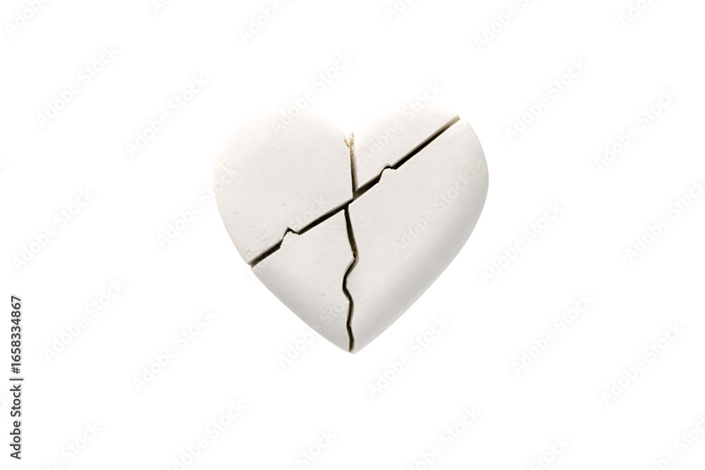 Poster white broken heart with diagonal and intersecting cracks creating geometric fracture pattern on clea