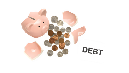 Broken Piggy Bank with Coins and Debt Bill PNG on White Background