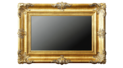 Empty gold ornate picture frame isolated on transparent background.