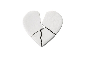 White broken heart split into four pieces with natural crack lines and three-dimensional form, isolated on a transparent background