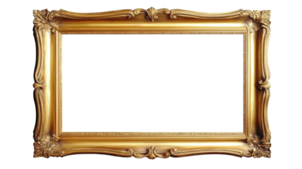 Empty gold ornate picture frame isolated on transparent background.