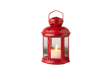 Red decorative lantern with star cutouts, glass panels, carrying handle, and lit candle inside glowing, isolated on a transparent background