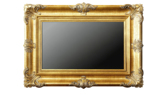 Empty gold ornate picture frame isolated on transparent background.