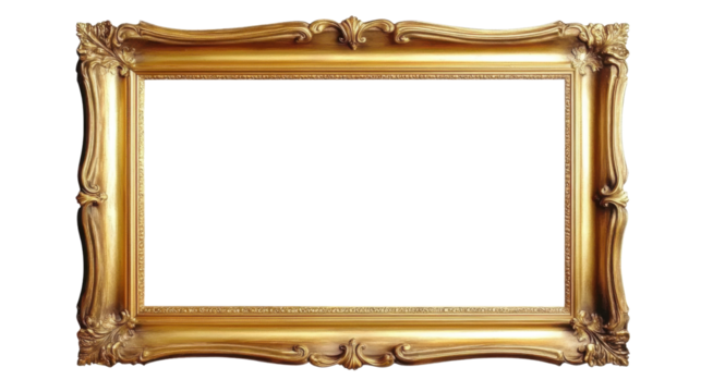 Empty gold ornate picture frame isolated on transparent background.
