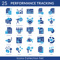 Performance Tracking icon set collection in solid glyph style. an icon pack contain database, growth, statistic, implement, document, data analytics, forecast analytics, data, stats, classified