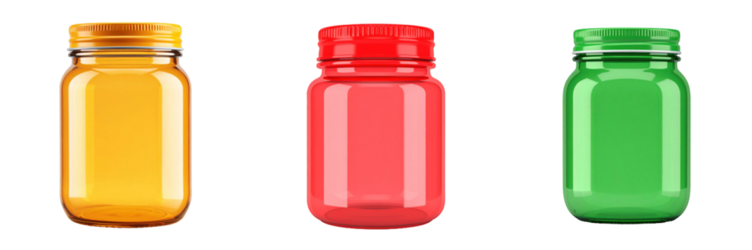 Three 3D Plastic Style Mason Jars In Green Red And Yellow Colors Against Transparent Background Displaying A Vibrant And Playful Design - Powered by Adobe