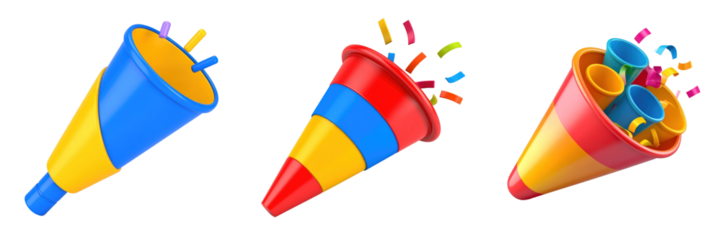 3D Plastic Style Confetti Poppers With Yellow Red And Blue Color Schemes And Transparent Background