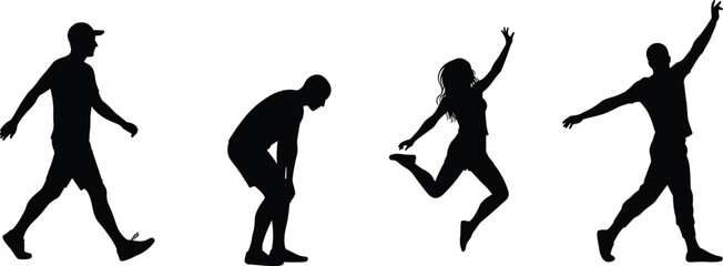 Silhouette, walking, bending forward, jumping one leg bent, arms raised, standing arms outstretched, people, movement, action, lifestyle, sport, exercise, energy, fun, fitness, vector illustration