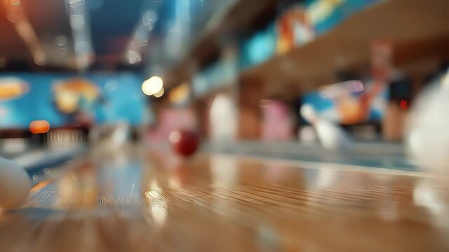 Bowling ball striking pins during game in lively bowling alley with colorful lighting and motion blur