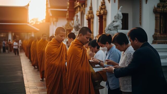 Buddhist Monks Receiving Offerings at Sunrise in Thailand