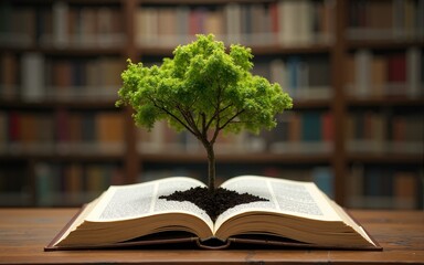 World philosophy day concept with tree of knowledge planting on opening old big book in library. High quality