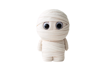 Cute cartoon mummy character with big googly eyes wrapped in beige bandages, isolated on a transparent background
