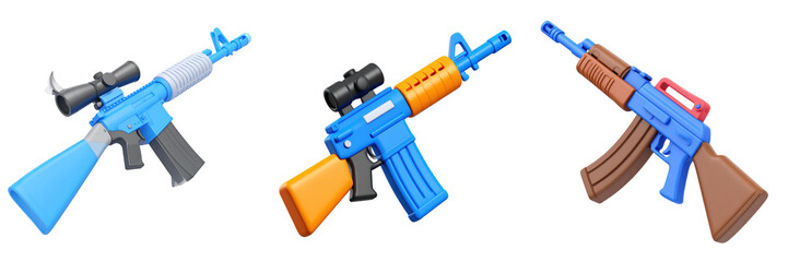 Three Dimensional Plastic Style Icon Collection of Assault Rifles in Blue Orange And Brown Colors Isolated on Black Background
