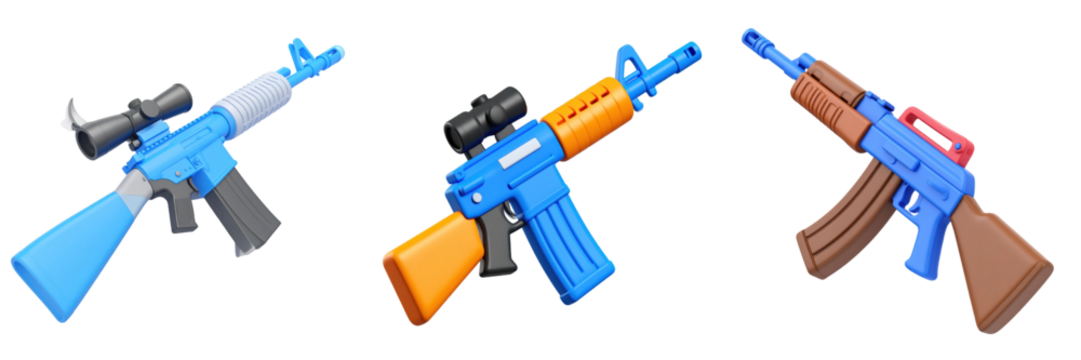 Three Dimensional Plastic Style Icon Collection of Assault Rifles in Blue Orange And Brown Colors Isolated on Black Background