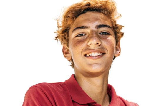 Cheerful young person with curly blonde hair and bright smile wearing red polo shirt, sunny disposition, isolated on a transparent background