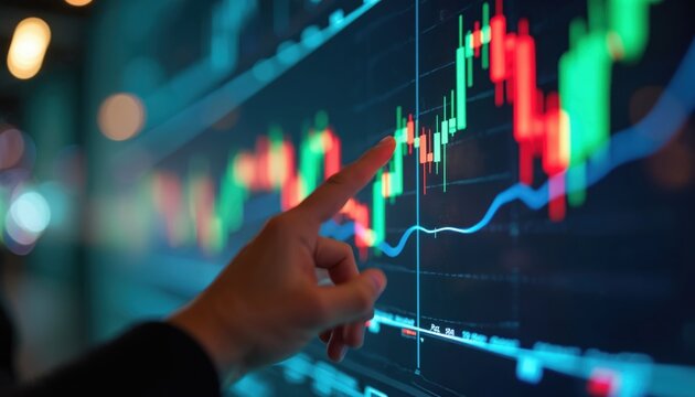 Person points at colorful stock market graph on digital display. Finance, investment, technology analysis shows business trend, economy, trading, market fluctuations. Modern screen in urban night - Powered by Adobe