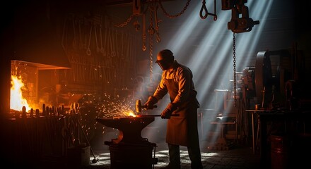 A blacksmith at work in a dimly lit workshop, sparks flying from hot metal on an anvil