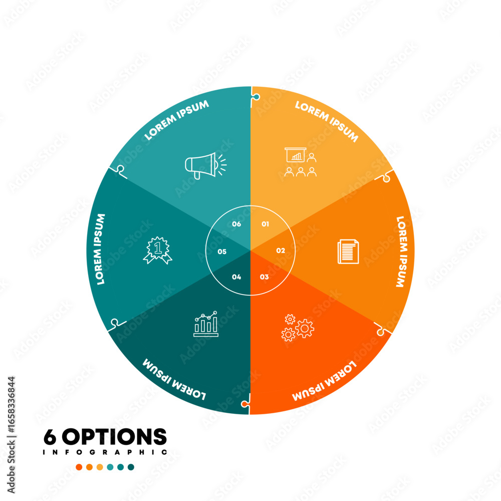 Poster infographic pie chart with 6 step options. pie charts can be used for business analysis, data visual