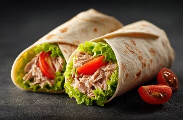 Fresh vegetable and meat wrap with lettuce, tomato, and herbs in a whole wheat tortilla on a dark