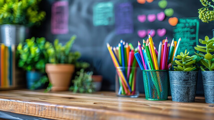 School stationery, color pencils, paints, notepad on blue table. Back to school background.