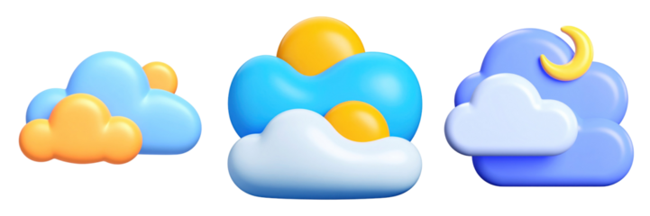 Three Dimensional Plastic Style Weather Icons Depicting Sunny Cloudy And Moonlit Conditions Against Transparent Background