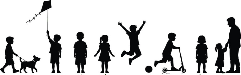 Children silhouette vector, outdoor activity illustration, kids playing, walking dog, flying kite, jumping, scooter riding, family moment, black and white graphic