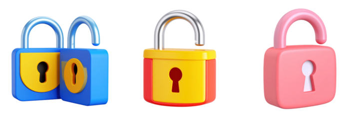 Colorful 3D Plastic Style Padlocks with Keyhole Elements Against Transparent Background Depicting Digital Security and Protection Concepts