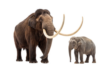 Woolly mammoth with curved tusks positioned next to modern Asian elephant, demonstrating evolutionary relationship between ancient and contemporary pachyderms, isolated on a transparent background